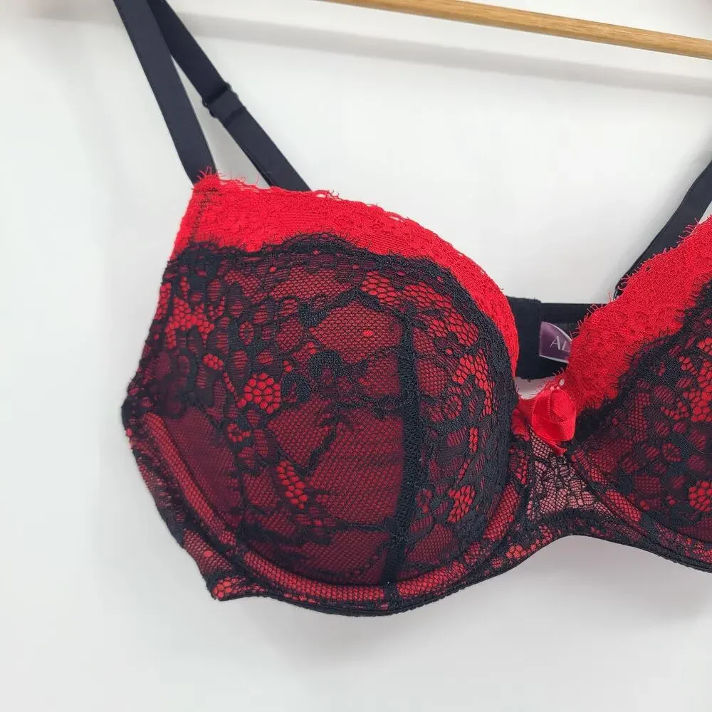 Adore Me Emanuelly Push Up Balconette Underwire Bra Red Black Lace Size 36D